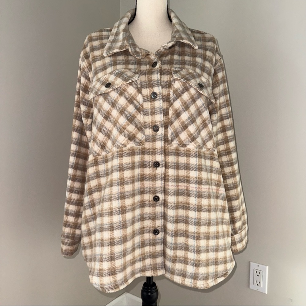 Jade & Ivory women’s Beige and Blue Plaid Button-Down shirt jacket size XL‎